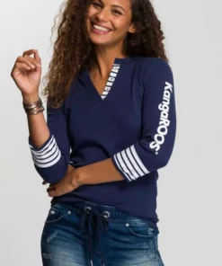 KangaROOS 3/4-Arm-Shirt mit großem Markenschriftzug am Arm Weiß-blau, Schwarz-weiß, Marine-weiß