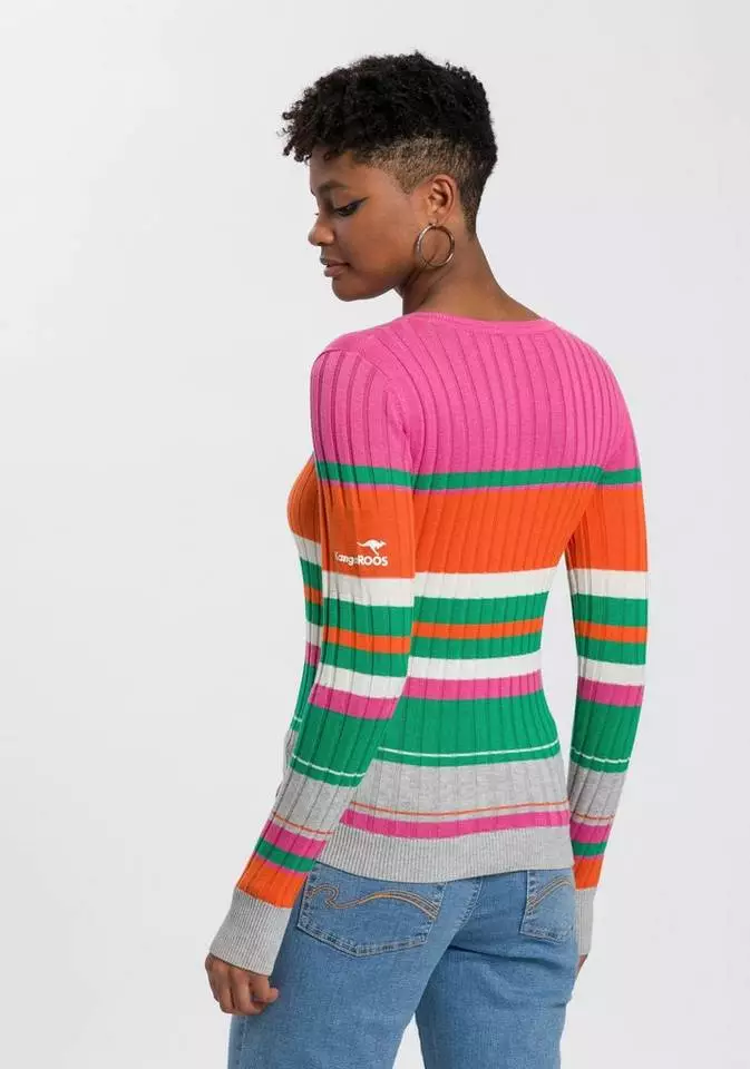 KangaROOS Rundhalspullover im sportivem Streifen-Design Bunt-lila, Weiß-marine-rot-gestreift, Wollweiß-rosa, Pink-orange-grün 2 KangaROOS Rundhalspullover im sportivem Streifen-Design Bunt-lila, Weiß-marine-rot-gestreift, Wollweiß-rosa, Pink-orange-grün – Bild 2
