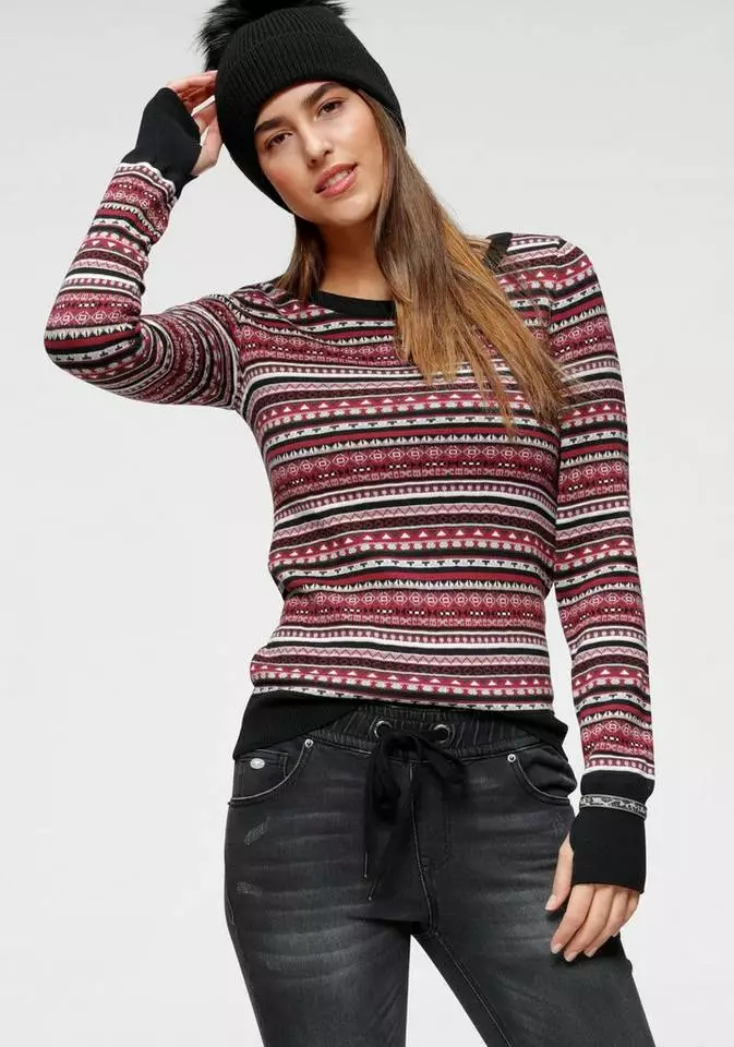 KangaROOS Rundhalspullover im bunt gemusterten Jaquard-Feinstrick Rosa-bunt, Hellgrau-meliert-bunt, Wollweiß-grau-bunt, Schwarz-rot-bunt 11 KangaROOS Rundhalspullover im bunt gemusterten Jaquard-Feinstrick Rosa-bunt, Hellgrau-meliert-bunt, Wollweiß-grau-bunt, Schwarz-rot-bunt – Bild 11