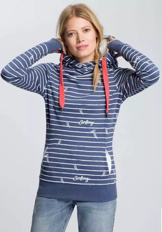 KangaROOS Hoodie in Langform mit überlappender Kapuze Ecru-meliert-mittelblau, Blau-meliert-weiß, Koralle-meliert, Schwarz 1 KangaROOS Hoodie in Langform mit überlappender Kapuze Ecru-meliert-mittelblau, Blau-meliert-weiß, Koralle-meliert, Schwarz