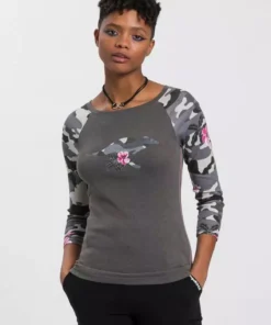 KangaROOS 3/4-Arm-Shirt mit tarnfarbenen Camouflage-Ärmeln und Front-Print Anthrazit-schwarz, Offwhite-tarnfarben
