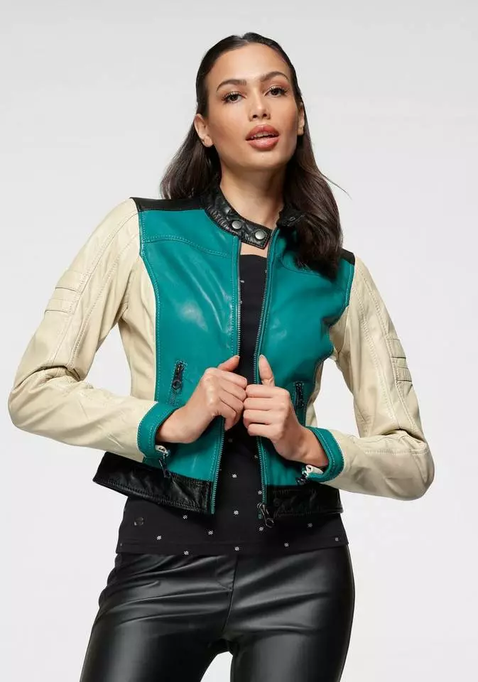 KangaROOS Lederjacke mit farbigen Streifendetails Schwarz-rot, Grün-offwhite 1 KangaROOS Lederjacke mit farbigen Streifendetails Schwarz-rot, Grün-offwhite