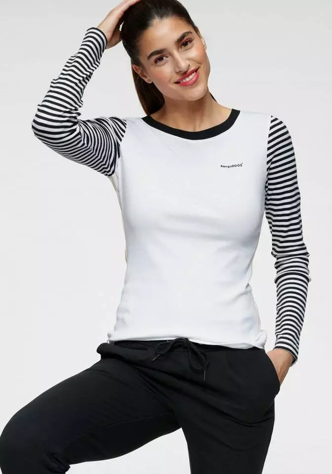 KangaROOS Langarmshirt im modischem Uni-Streifen-Mix Weiß-schwarz-gestreift, Marine-weiß 1 KangaROOS Langarmshirt im modischem Uni-Streifen-Mix Weiß-schwarz-gestreift, Marine-weiß