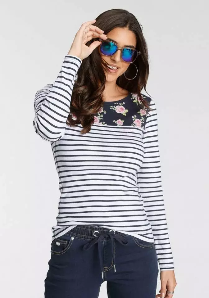 KangaROOS Langarmshirt mit modischem Streifen und Blumen-Mix - NEUE KOLLEKTION Marine-weiß, Anthrazit-weiß, Rosa-weiß 1 KangaROOS Langarmshirt mit modischem Streifen und Blumen-Mix - NEUE KOLLEKTION Marine-weiß, Anthrazit-weiß, Rosa-weiß