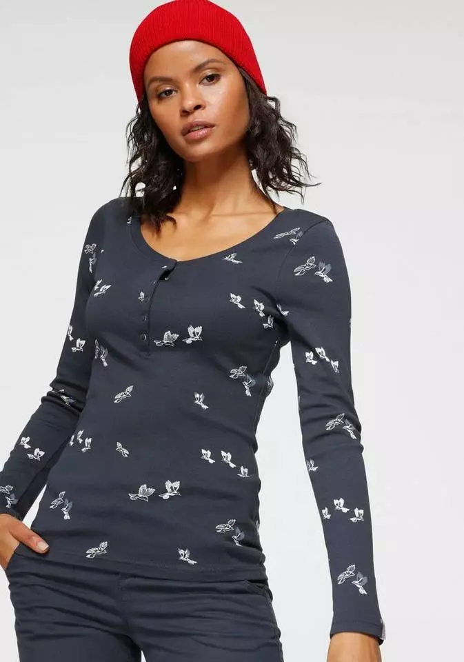 KangaROOS Langarmshirt mit modischem Vögel-Allover-Druck und Knopfleiste Weiß, Marine 1 KangaROOS Langarmshirt mit modischem Vögel-Allover-Druck und Knopfleiste Weiß, Marine