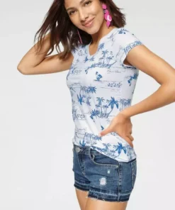 KangaROOS V-Shirt mit tropischem Palmen Allover-Print Blau-weiß, Weiß-blau