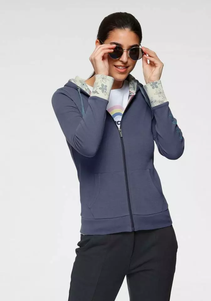 KangaROOS Sweatjacke mit bedrucktem Kapuzenfutter und Ärmelaufschlag - NEUE KOLLEKTION Schwarz-gepunktet, Marine-geblümt 1 KangaROOS Sweatjacke mit bedrucktem Kapuzenfutter und Ärmelaufschlag - NEUE KOLLEKTION Schwarz-gepunktet, Marine-geblümt