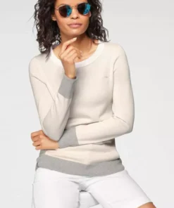 KangaROOS Rundhalspullover mit Knopfleiste hinten und Konstrast-Bündchen - NEUE KOLLEKTION Beige-hellgrau, Mint-wei&szlig;