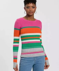 KangaROOS Rundhalspullover im sportivem Streifen-Design Bunt-lila, Wei&szlig;-marine-rot-gestreift, Wollwei&szlig;-rosa, Pink-orange-gr&uuml;n